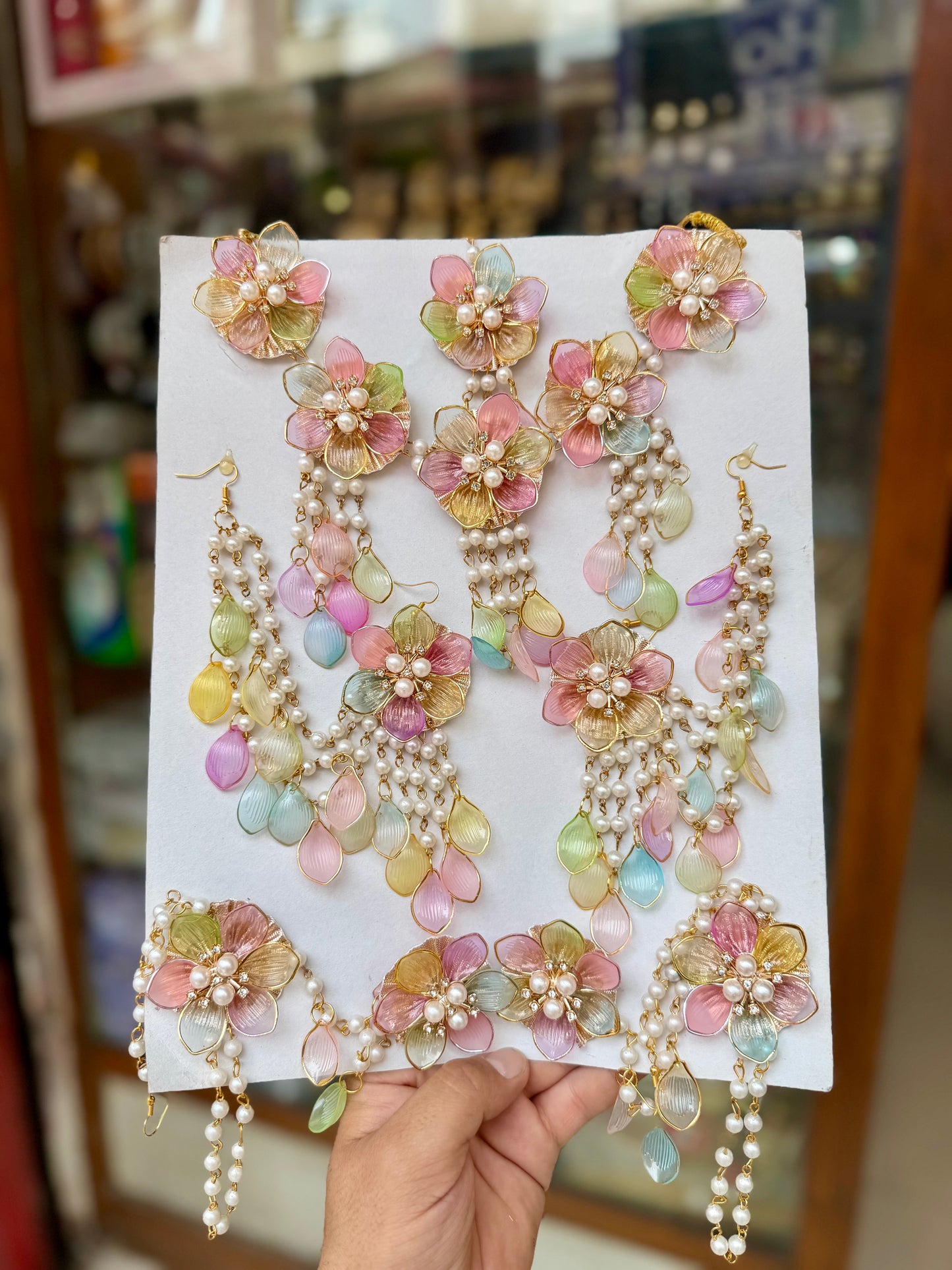 Pastel Paradise: Multicolored Resin Flower and Pearl Bridal Haldi/Mehendi Jewellery Set.