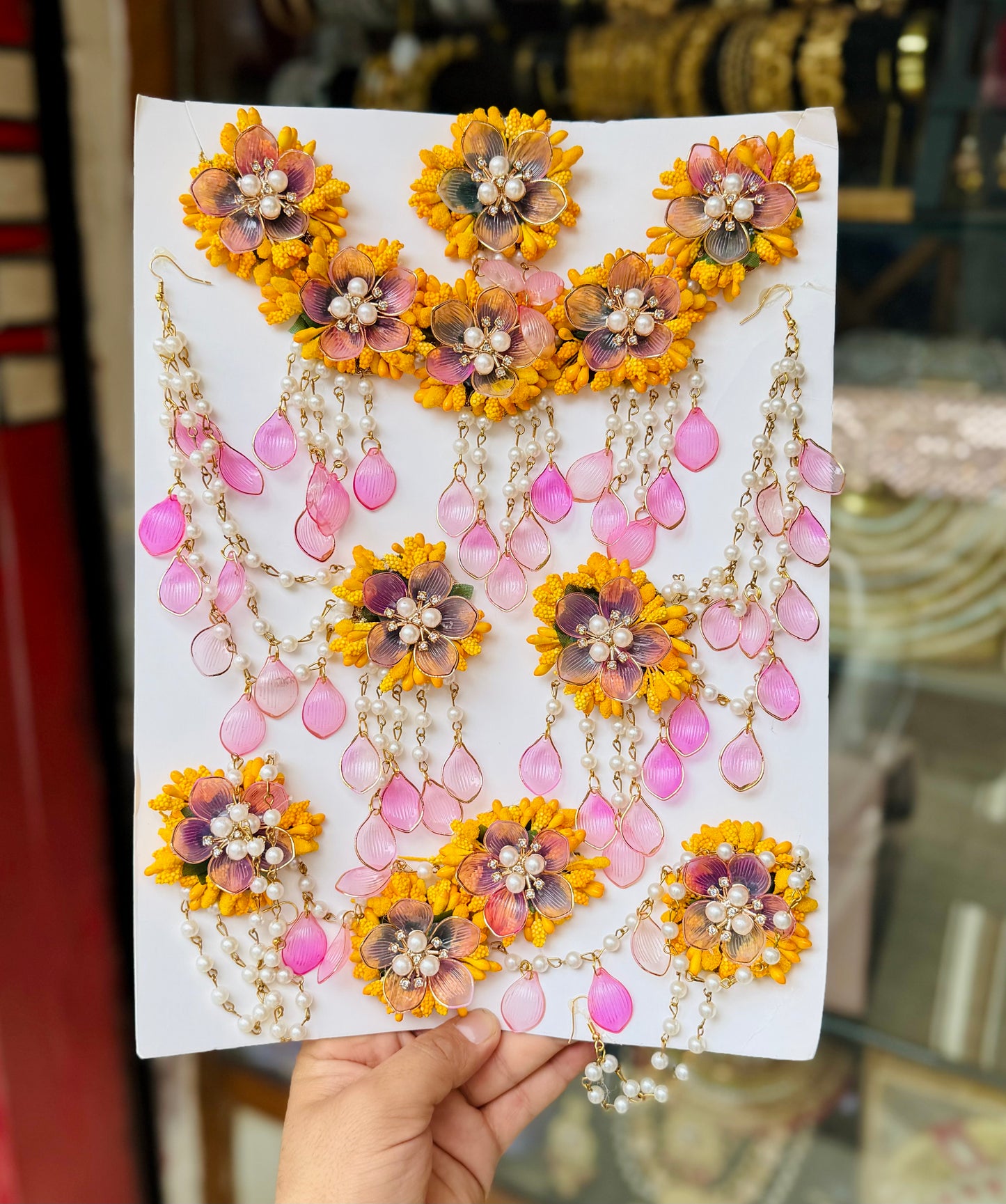 Pink Aura: Handcrafted Floral Jewelry Set with Vibrant Yellow & Magenta Details for Haldi & Mehendi