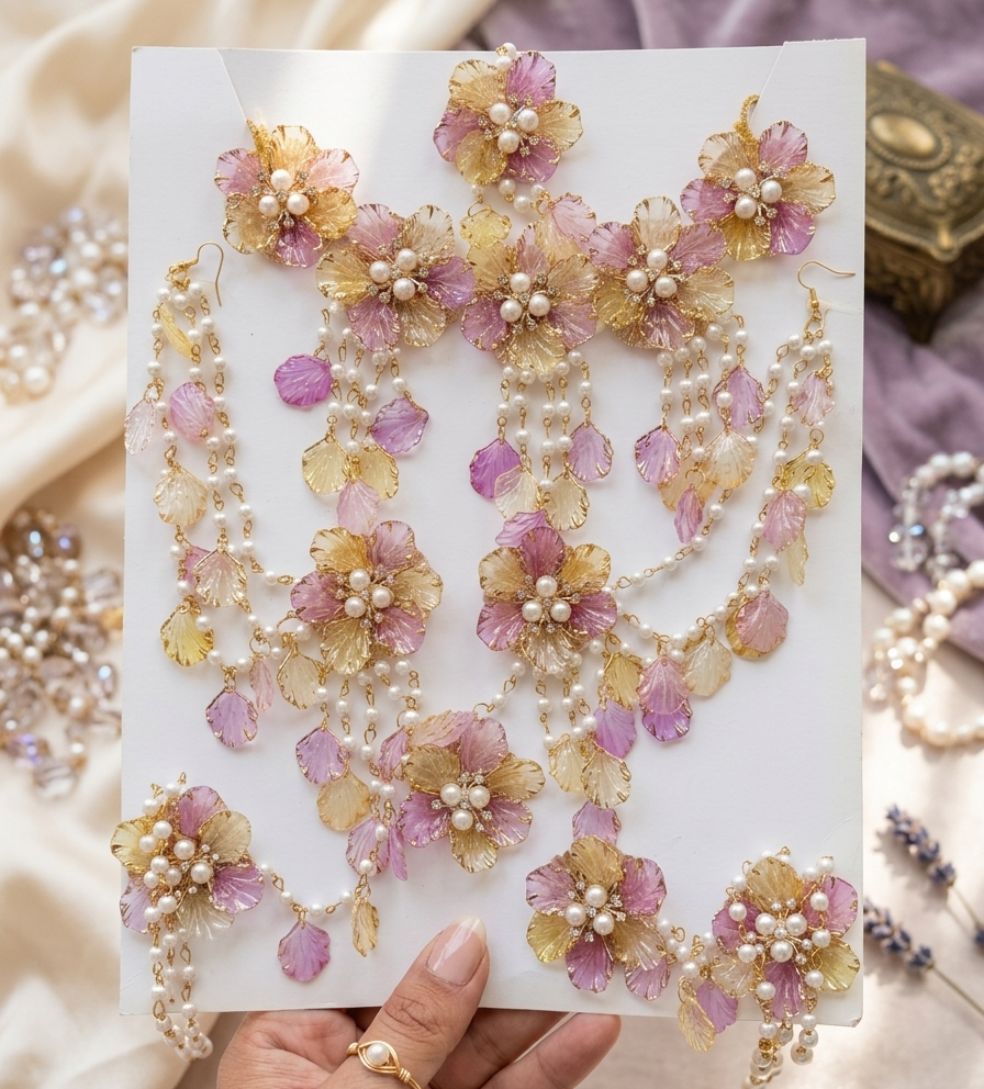 Elara Regal Floral & Pearl Statement Resin Jewellery Suite - Amethyst and Golden Topaz Set