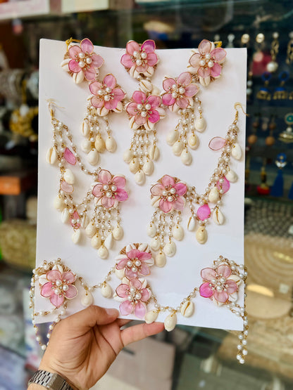 Handcrafted Pink Floral & Cowrie Shells Jewellery Set for Haldi & Beach Weddings.