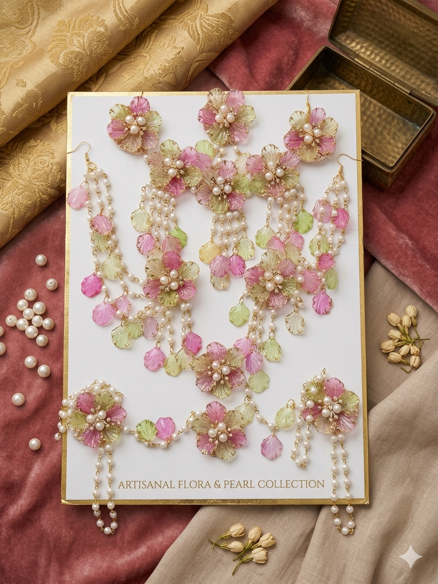 Ethereal Blossom: Handcrafted Pearl and Pastel Floral Multi-Piece Resin Jewellery Set for Haldi & Mehandi