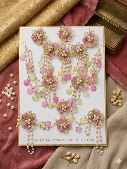 Ethereal Blossom: Handcrafted Pearl and Pastel Floral Multi-Piece Resin Jewellery Set for Haldi & Mehandi