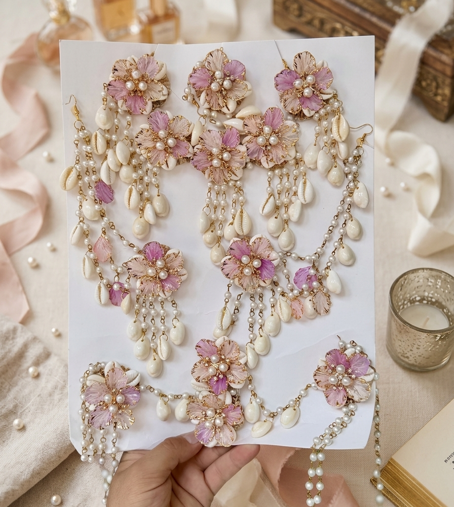 Lavender Peach Majestic Pearl and Cowrie Floral Wedding Shells Jewellery Set - Haldi / Mehandi Special