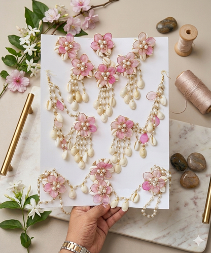 Handcrafted Pink Floral & Cowrie Shells Jewellery Set for Haldi & Beach Weddings.