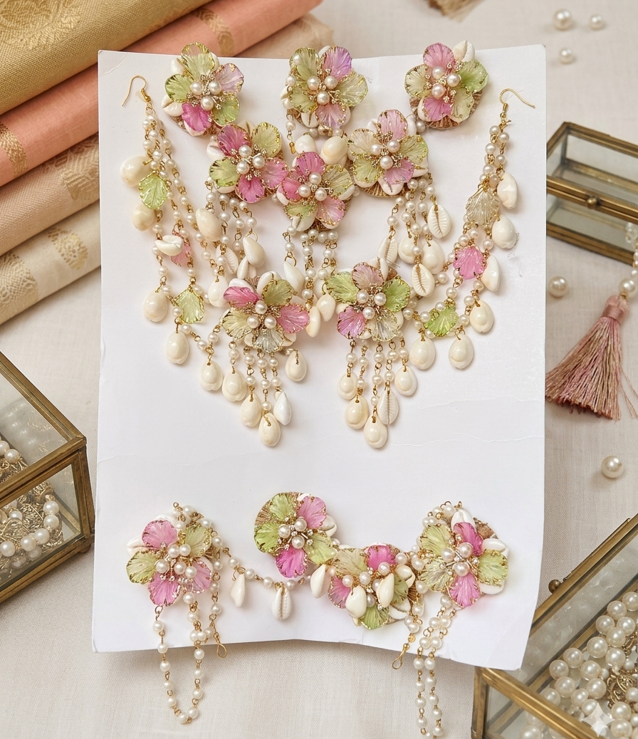 Ethereal Blooms & Coastal Harmony: Light Pink, Pista, and Pearl Floral  with Hand-picked Cowrie Shells Jewellery Set.