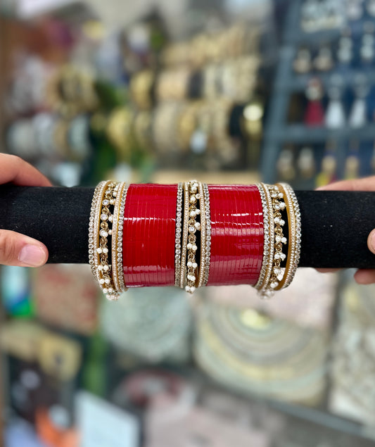 Bridal Chura Rich Red Kashmiri Bangles Hanging pearl BDH016