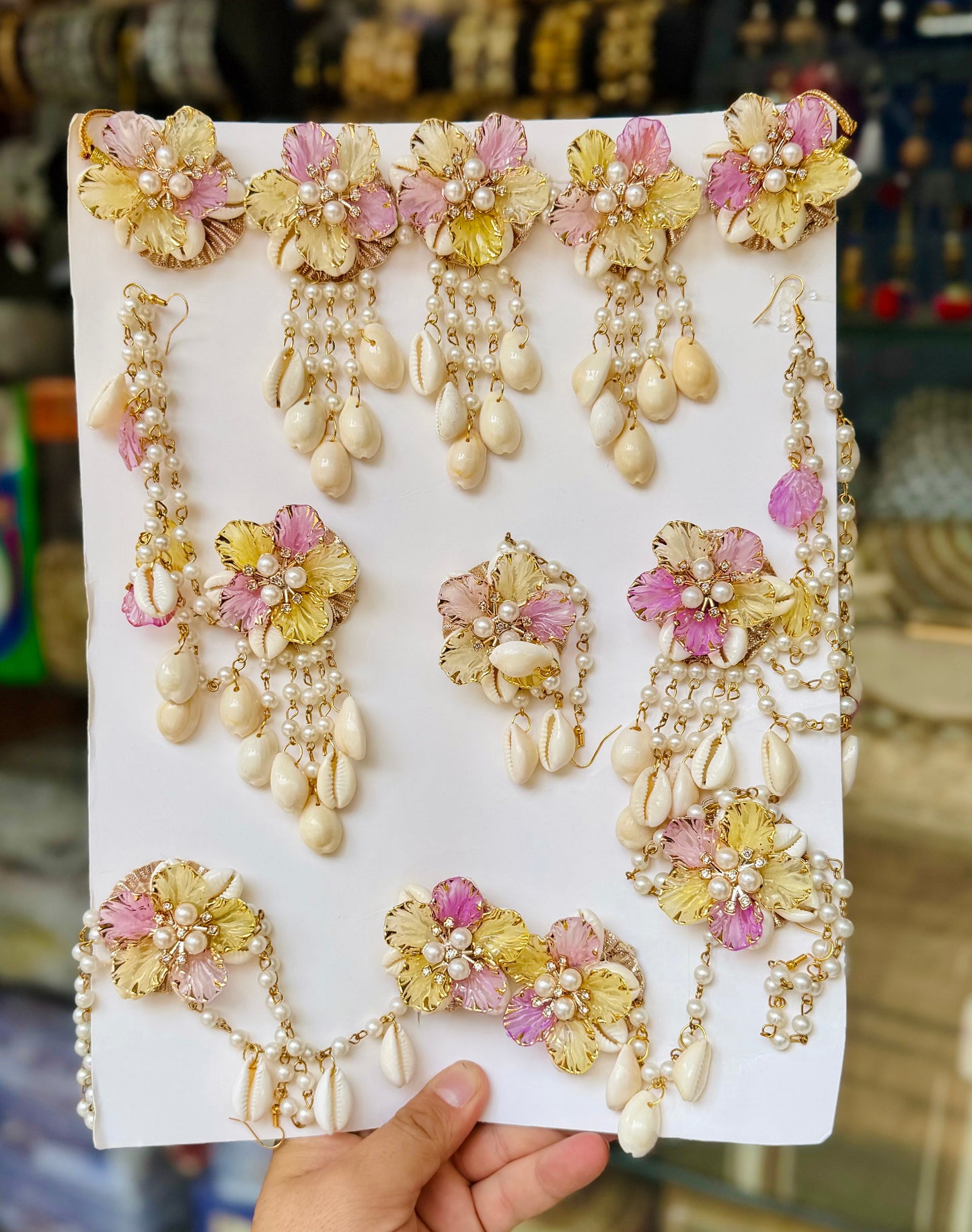 LEMON  LEVENDER FLORAL SHELLS JEWELLERY SET- FLOWER & RESIN DESIGN