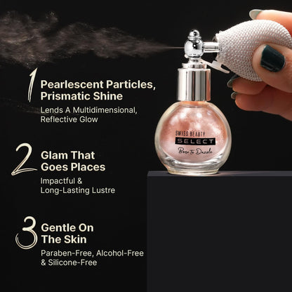 Swiss Beauty Select Born To Dazzle Glitter Spray | Pearlescent Particles | Multidimensional Shine | High-Impact Glow | Lightweight & Blendable | Gentle On The Skin | For Body & Hair | Shade- Hollywood Glam, 5gm
