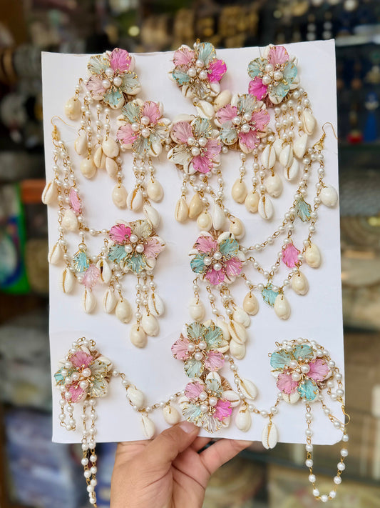 Pastel Mermaid Floral Shell & Pearl Bridal Jewelry Set