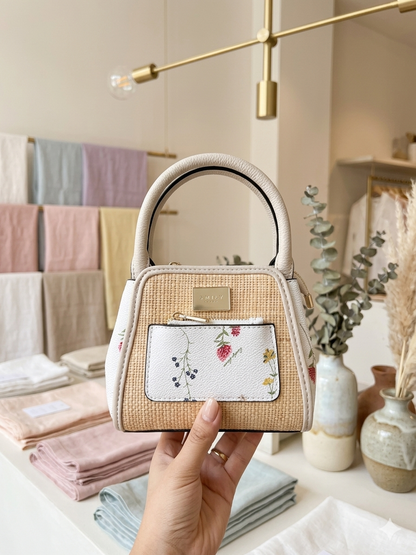 Floral Accented Straw & Leather Mini Tote
