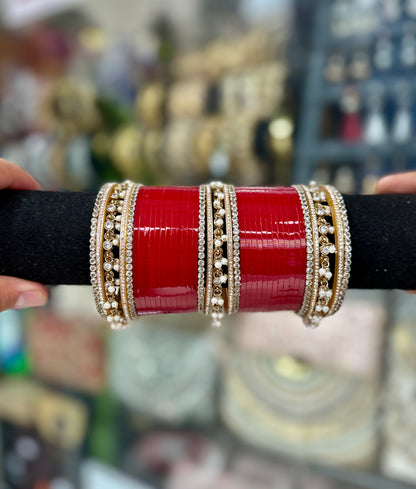 Bridal Chura Rich Red Kashmiri Bangles Hanging pearl