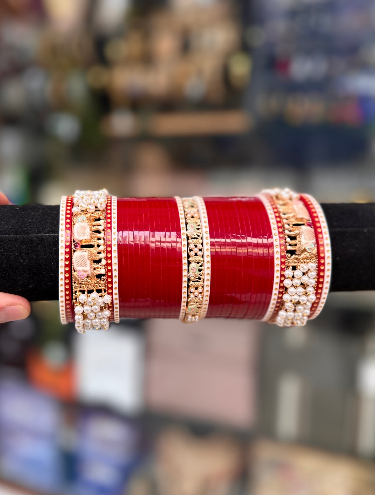 Bridal Chura Rich red and Gold Polish Kada and Pearl work