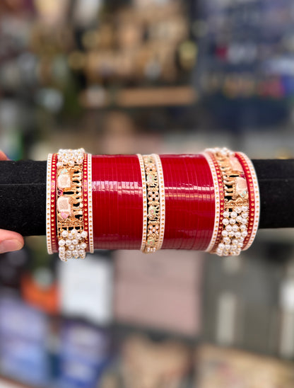 Bridal Chura Rich red and Gold Polish Kada and Pearl work
