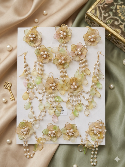 Ethereal Handcrafted Pearl and Gilded Floral Resin Jewellery Set - Complete Bridal/Festive Collection