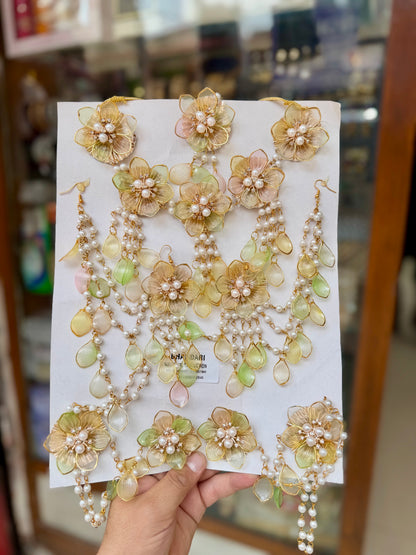 Ethereal Handcrafted Pearl and Gilded Floral Resin Jewellery Set - Complete Bridal/Festive Collection
