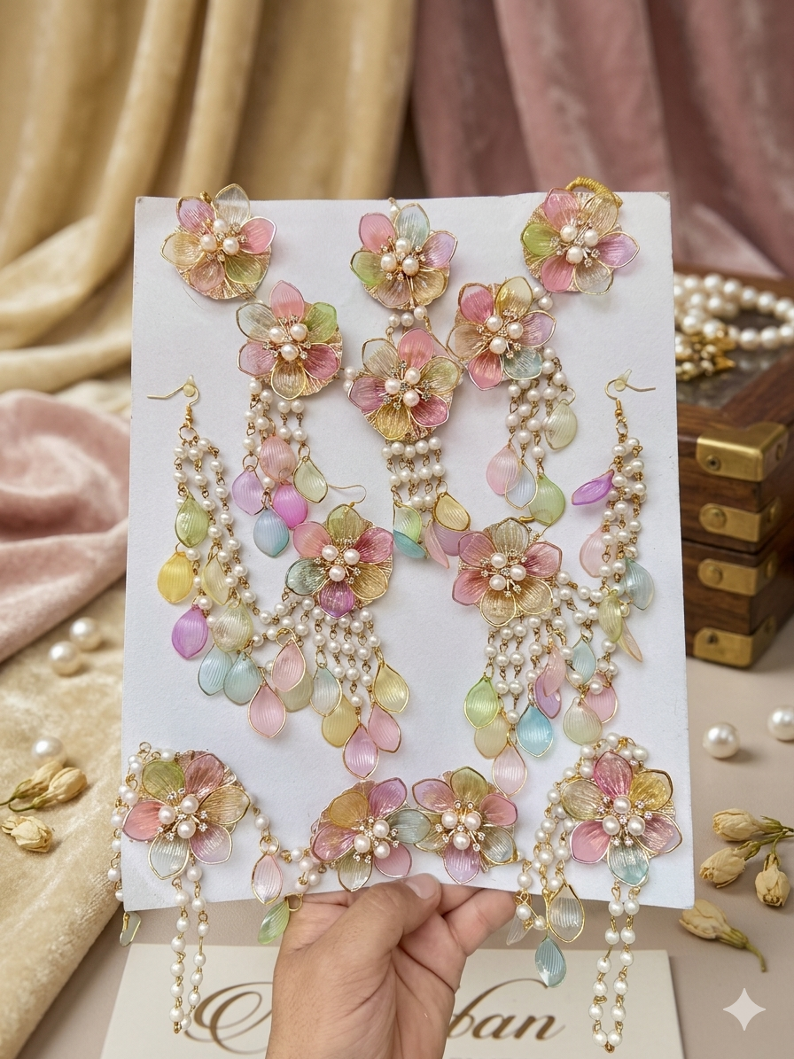 Pastel Paradise: Multicolored Resin Flower and Pearl Bridal Haldi/Mehendi Jewellery Set.