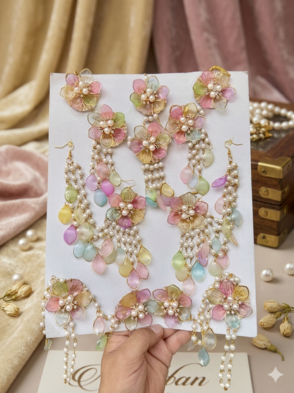 Pastel Paradise: Multicolored Resin Flower and Pearl Bridal Haldi/Mehendi Jewellery Set.