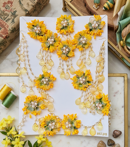 Sun-Kissed Petals: Handcrafted Golden Yellow Floral Jewelry Set with Pearl Centers for Haldi & Mehendi