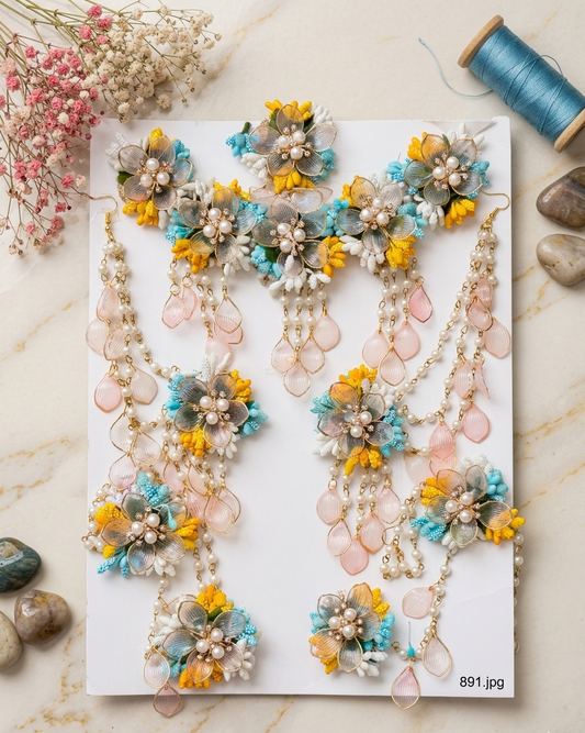 Meadow Mist: Multi-Tone Handcrafted Floral Jewelry Set with Peach & Turquoise Accents for Wedding Festivities