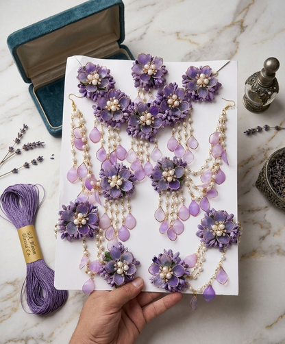 Royal Lavender Blossom: Handcrafted Purple Floral Jewelry Set with Pearl Accents for Weddings & Festive Events