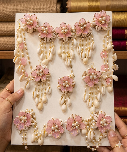 Light Pink Handcrafted Pearl and Cowrie Shells Floral Haldi & Mehandi Jewellery Set