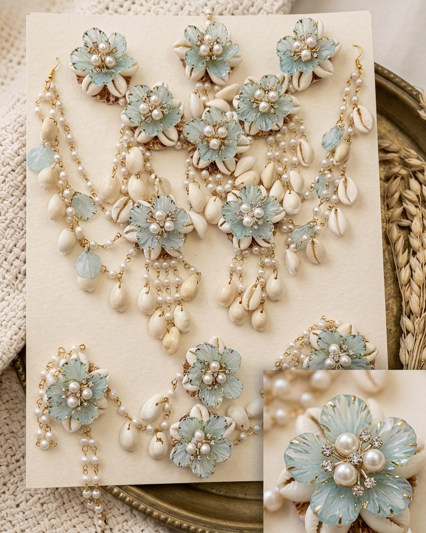 BLUE Handcrafted Pearl and Cowrie Floral Haldi & Mehandi Shells Jewellery Set