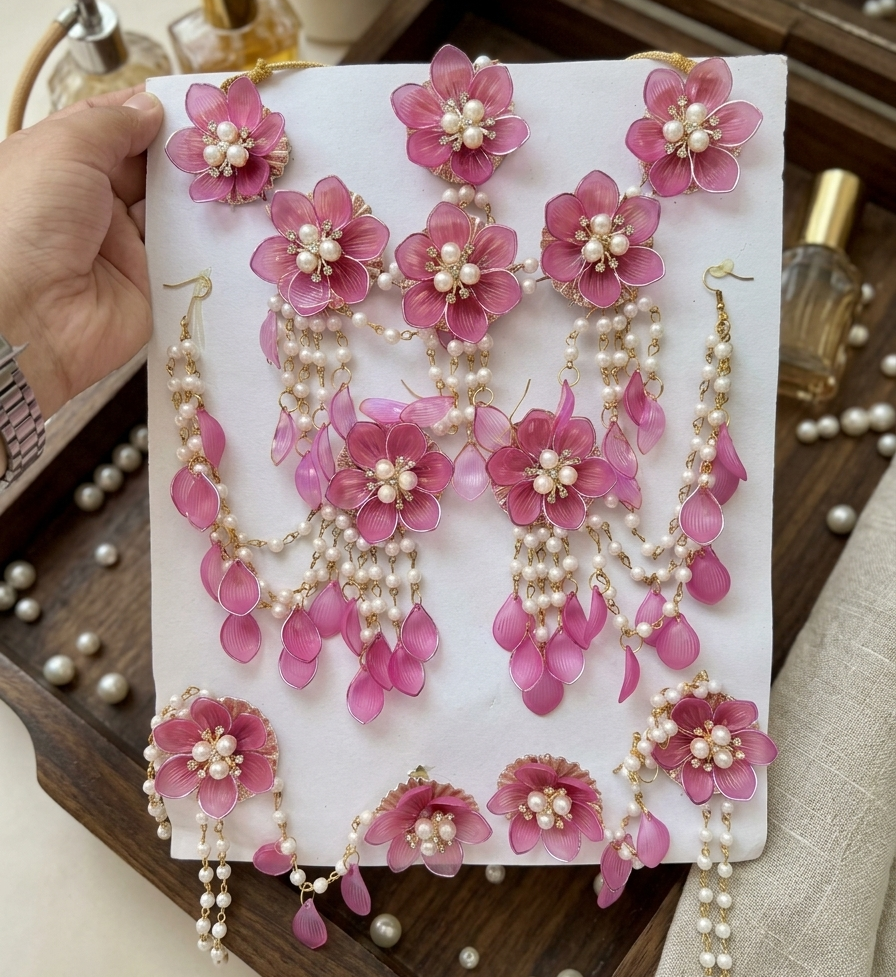 Elegant Handcrafted Pink Floral and Pearl Bridal Haldi/Mehandi Resin Jewellery Set.