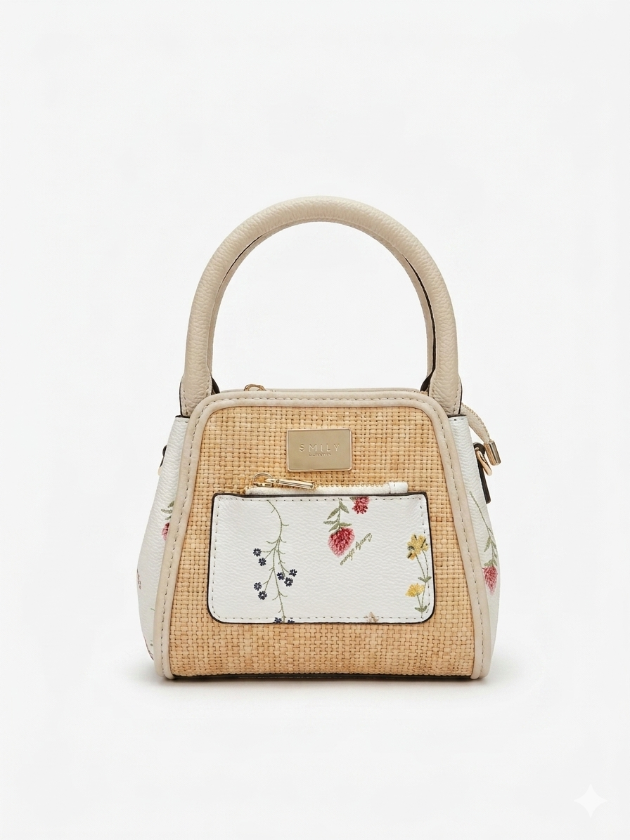 Floral Accented Straw & Leather Mini Tote