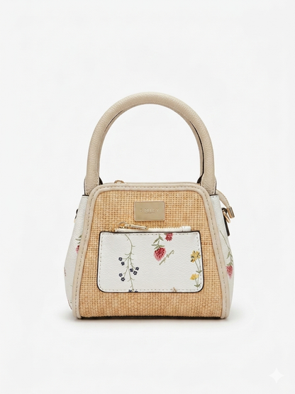 Floral Accented Straw & Leather Mini Tote