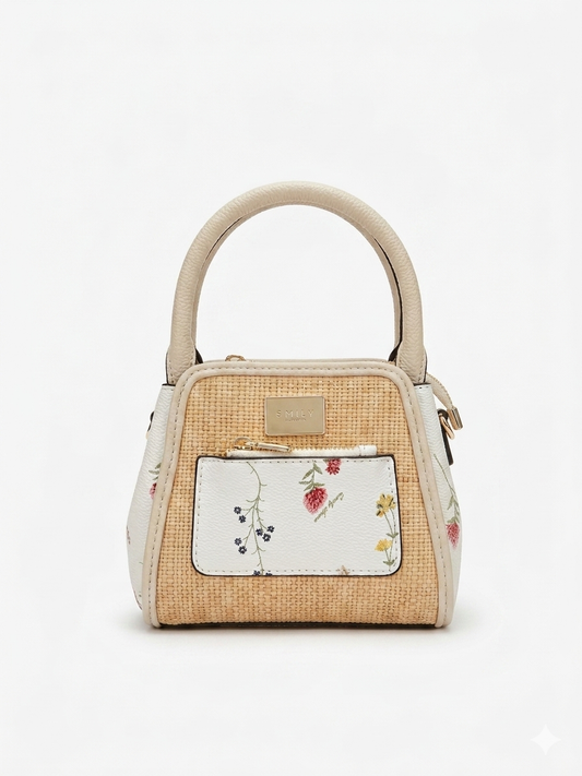 Floral Accented Straw & Leather Mini Tote