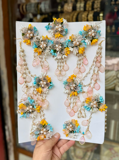 Meadow Mist: Multi-Tone Handcrafted Floral Jewelry Set with Peach & Turquoise Accents for Wedding Festivities