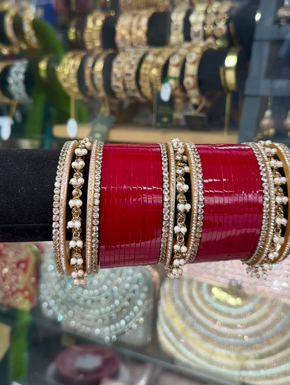 Bridal Chura Rich Red Kashmiri Bangles Hanging pearl