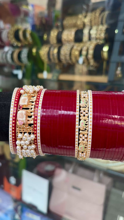 Bridal Chura Rich red and Gold Polish Kada and Pearl work