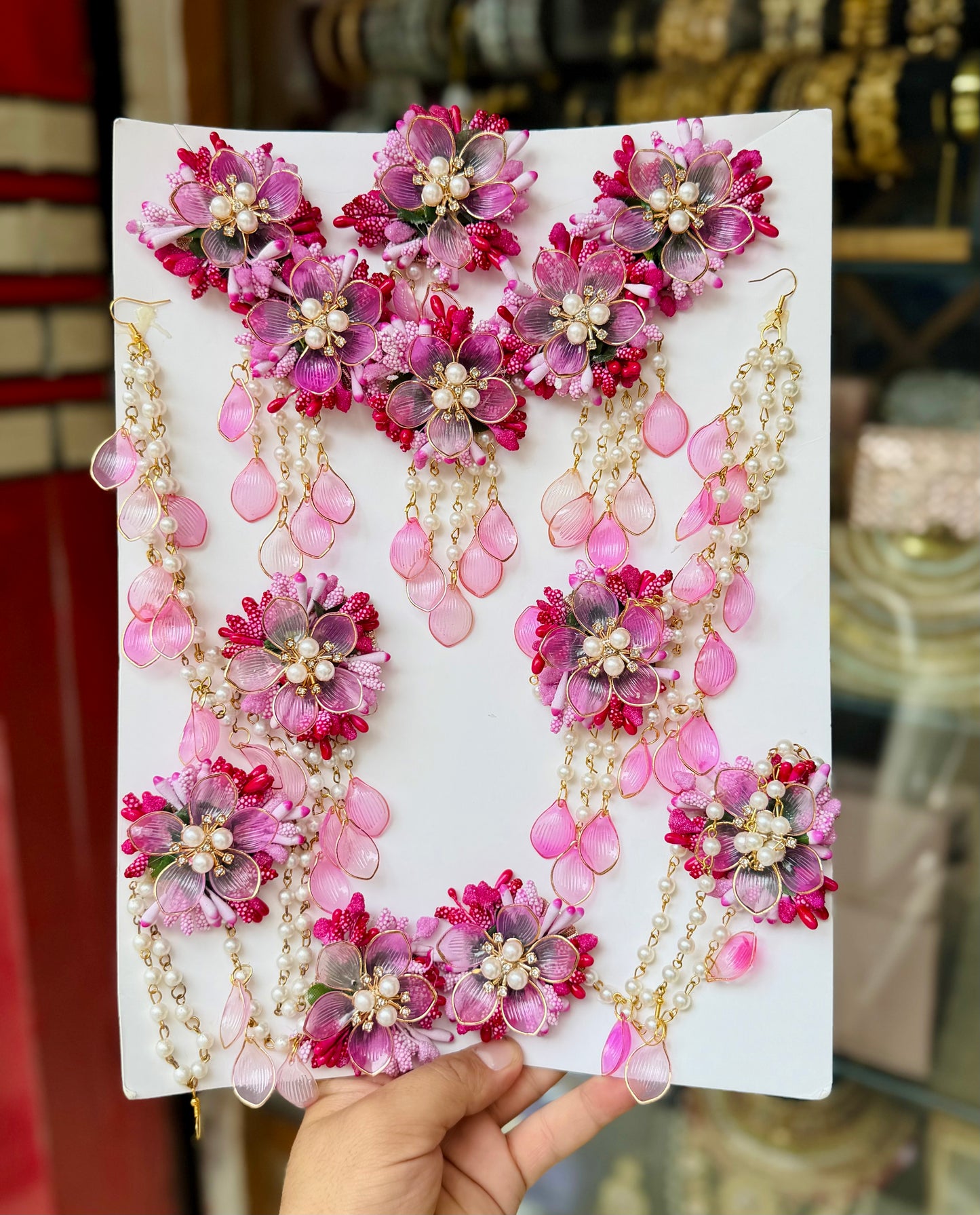 Elegant Pink & Pearl Floral Jewellery Set Complete Grace