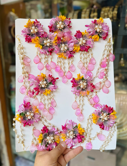 Enchanting Pink & Yellow Floral Jewellery Set with Pearls and Teardrop Drops