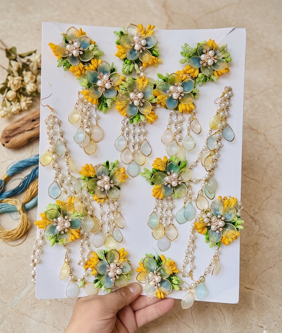 Bloom & Glow: Exquisite Handcrafted Floral Jewelry Set for Haldi & Mehendi Ceremonies